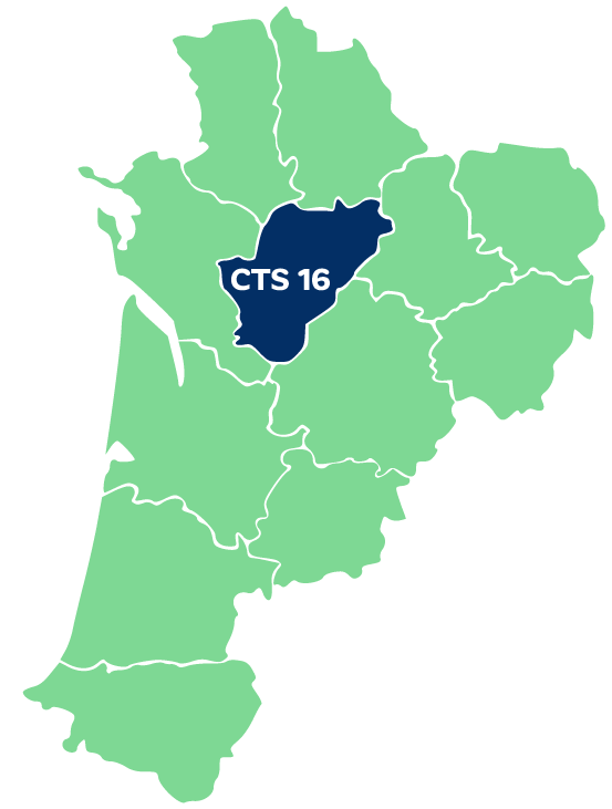 Carte de la Nouvelle-Aquitaine - département couvert par le CTS 16 en surbrillance.