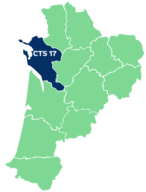 Carte de la Nouvelle-Aquitaine - département couvert par le CTS 17 en surbrillance.
