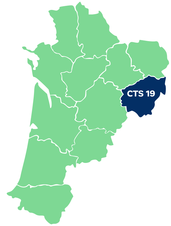 Carte de la Nouvelle-Aquitaine - département couvert par le CTS 19 en surbrillance.