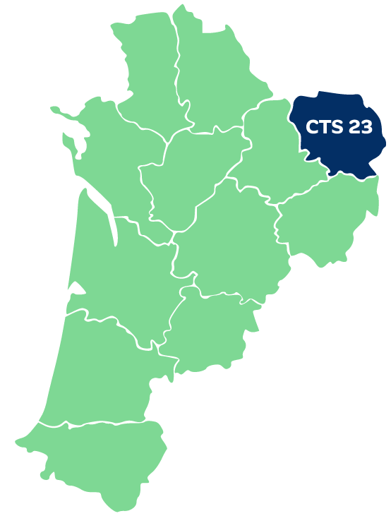 Carte de la Nouvelle-Aquitaine - département couvert par le CTS 23 en surbrillance.