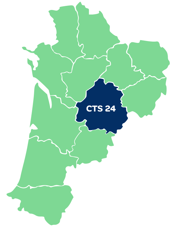 Carte de la Nouvelle-Aquitaine - département couvert par le CTS 24 en surbrillance.