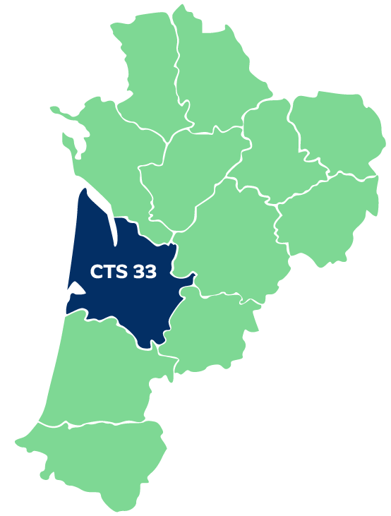Carte de la Nouvelle-Aquitaine - département couvert par le CTS 33 en surbrillance.