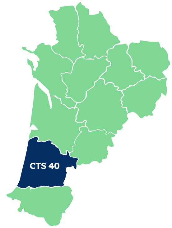 Carte de la Nouvelle-Aquitaine - département couvert par le CTS 40 en surbrillance.