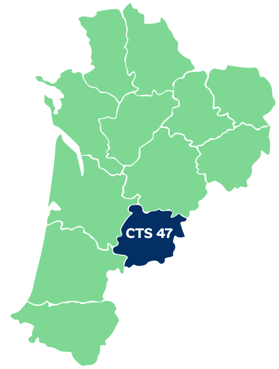 Carte de la Nouvelle-Aquitaine - département couvert par le CTS 47 en surbrillance.
