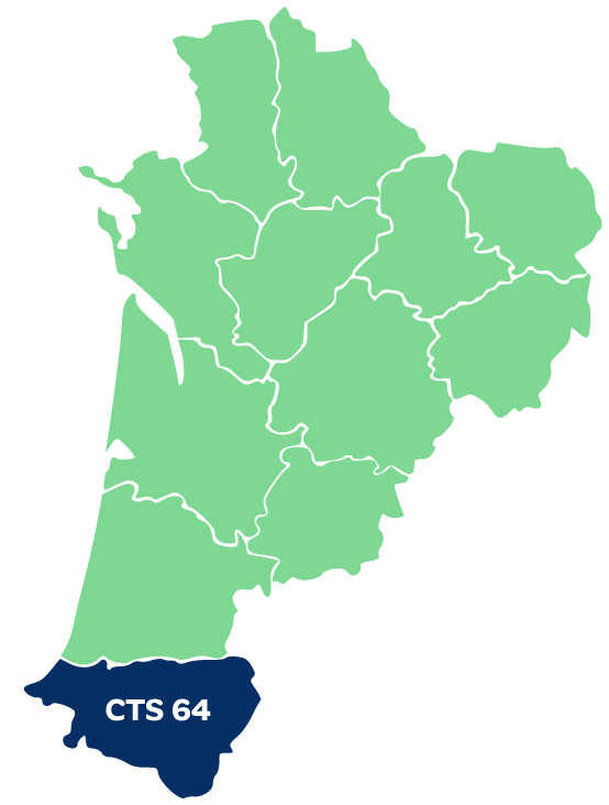 Carte de la Nouvelle-Aquitaine - département couvert par le CTS 64 en surbrillance.
