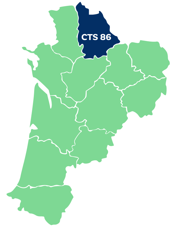 Carte de la Nouvelle-Aquitaine - département couvert par le CTS 86 en surbrillance.