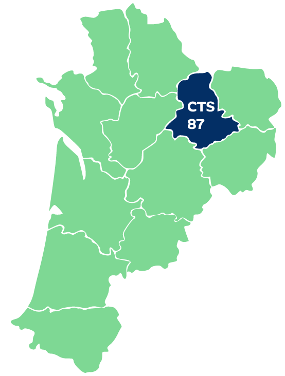 Carte de la Nouvelle-Aquitaine - département couvert par le CTS 87 en surbrillance.